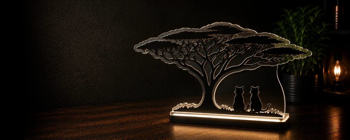 Illuminated laser-cut acrylic display featuring an acacia tree and two cats.