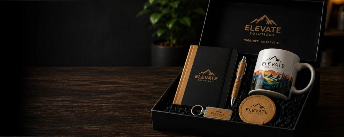 Branded corporate gift box containing a mug, notebook, pen, keyring, and coaster.