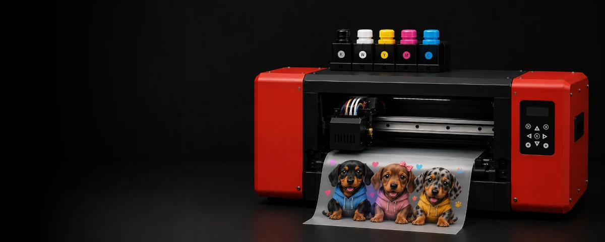 DTF printer producing a colourful custom transfer print.