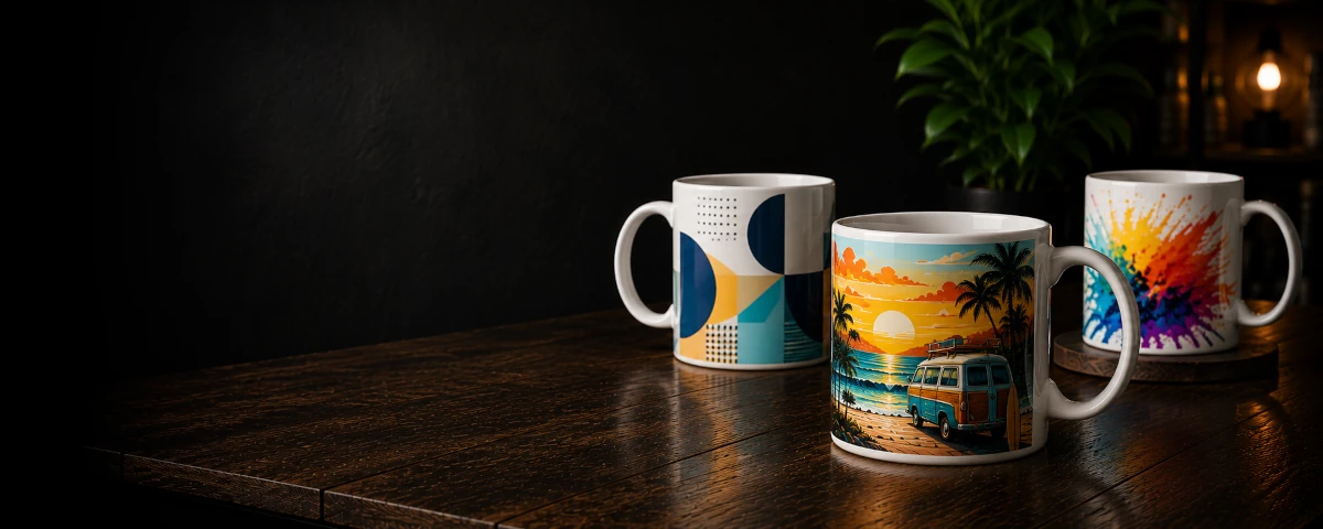 Three ceramic mugs featuring colourful custom sublimation prints.