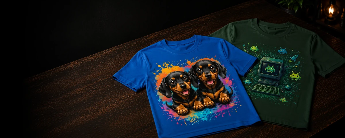 Two custom-printed T-shirts featuring colourful illustrated designs.