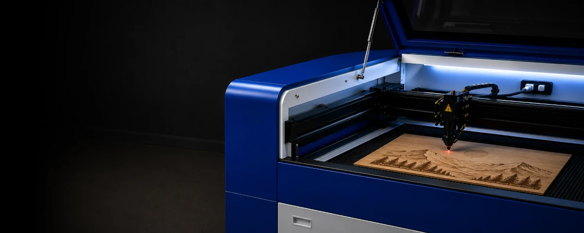 CO2 laser engraving a detailed landscape into a wooden panel.